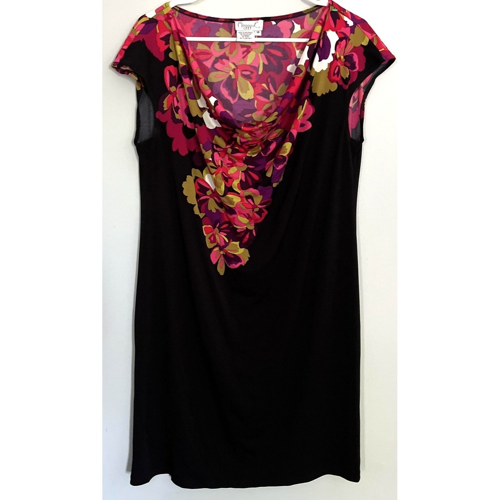 Maggy L Dress Womens 14 Black Pink Floral Cowl Vneck Cap Sleeve Stretch Knee